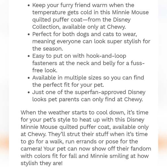 New Disney Minnie Mouse Quilted Puffer Coat Dog Winter Jacket Size XL Dog Coat - Picture 7 of 8